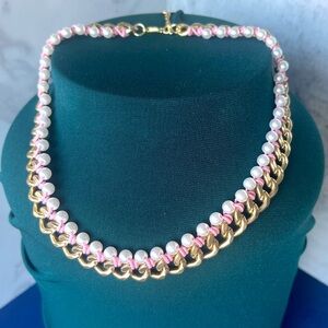 Gold Chain Plunder Necklace with Pearls and Pink Stitching